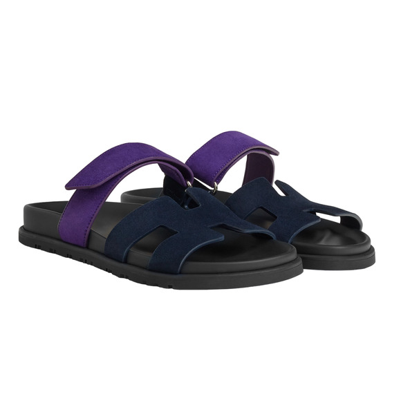 Hermes Chypre Sandal Black Violet Purple Blue H Logo Strap Slide Slip On Flat 37 - Picture 1 of 12